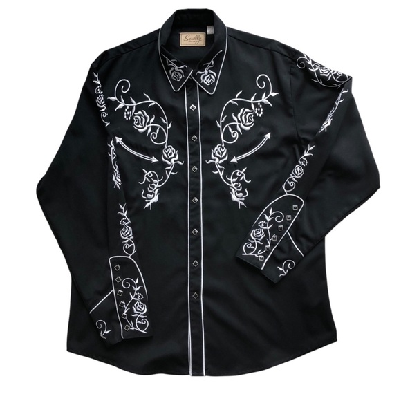 Scully Mens Western Snap Front Black White Embroidered Floral XL - Picture 7 of 11